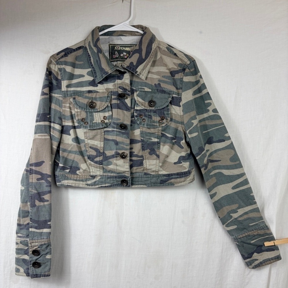 Y2K Star Cropped Camo‎ Button Jacket Juniors Large Denim 00s Preppy Skater Mini